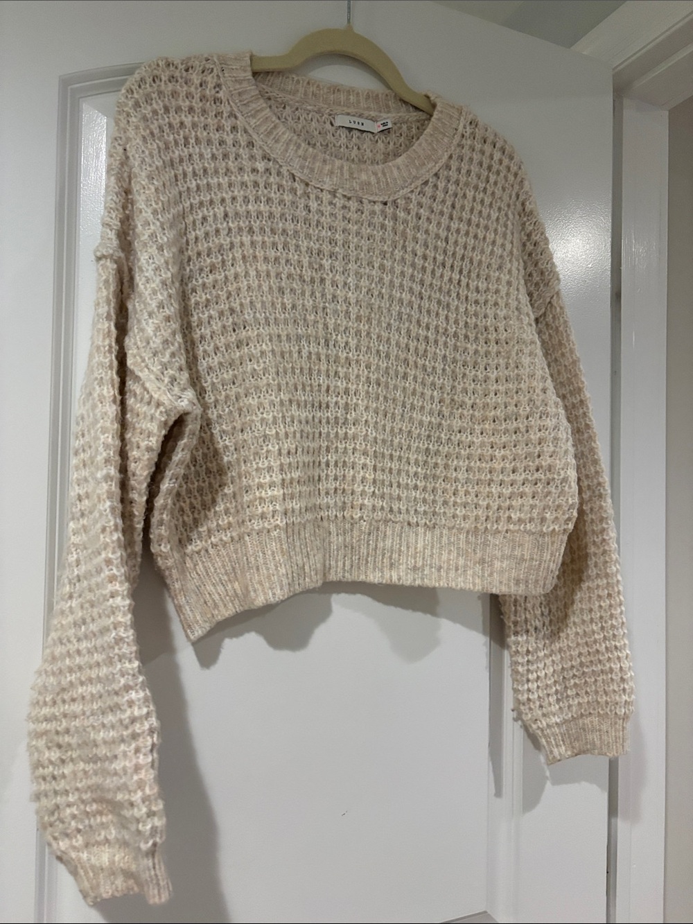 Lush Cream Waffle-Knit Cropped Crewneck Sweater
